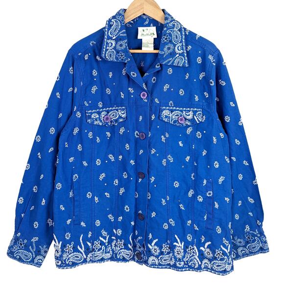 Vintage 90s Y2K Jean Denim Jacket Embroidered Paisley Retro Rhinestones Blue L - Picture 1 of 8